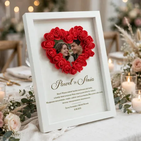 Ramka na zdjęcie z różami w kształcie serca prezent na ślub wyjątkowy personalizowany upominek dla pary młodej